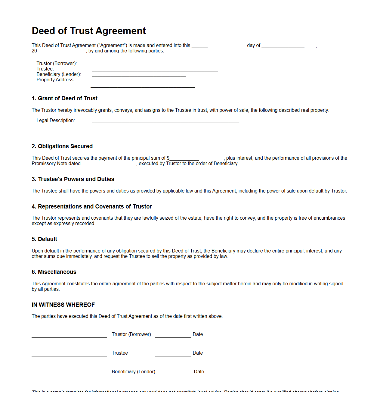 Deed of Trust Agreement Template for Home Purchase