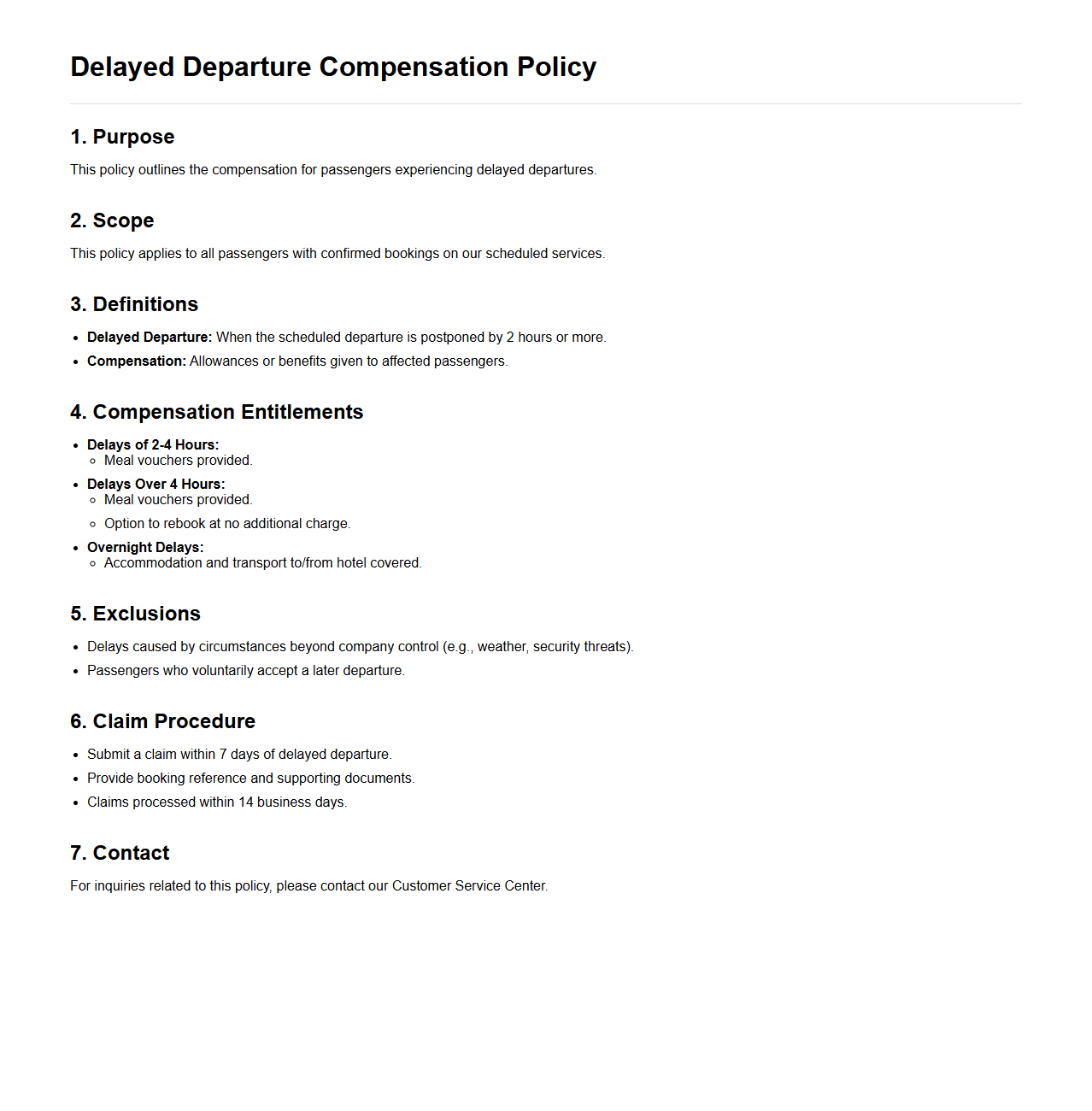 Delayed Departure Compensation Policy Sample