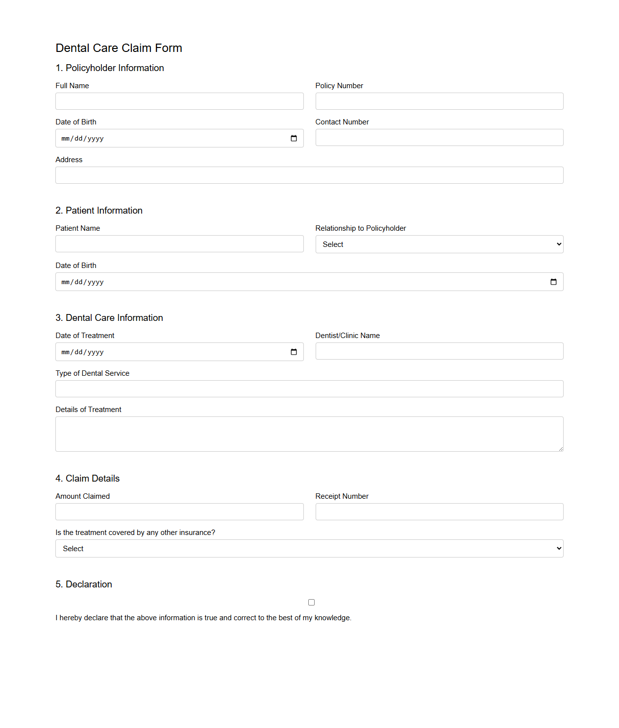 Dental Care Claim Form Sample
