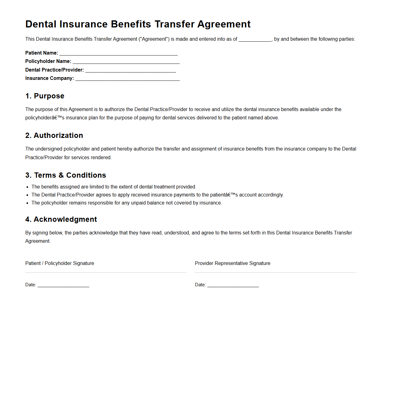 Dental Insurance Benefits Transfer Agreement Template