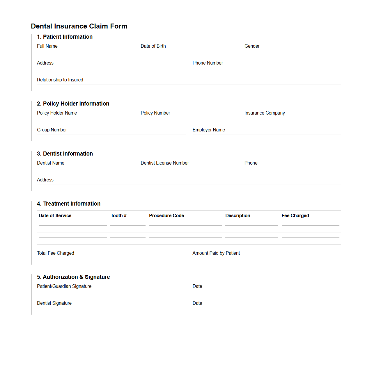 Dental Insurance Claim Document Sample