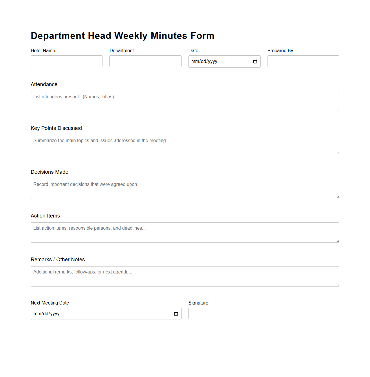 Department Head Weekly Minutes Form for Hotels