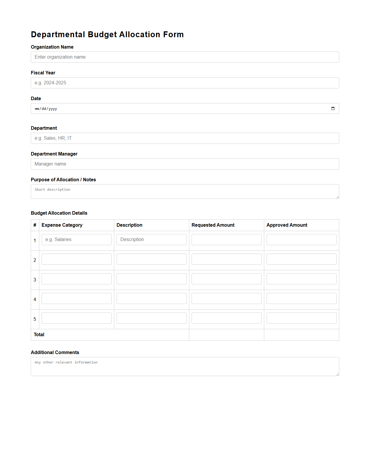 Departmental Budget Allocation Form for SMEs