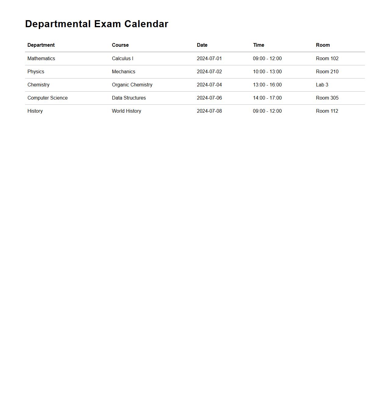 Departmental Exam Calendar Layout