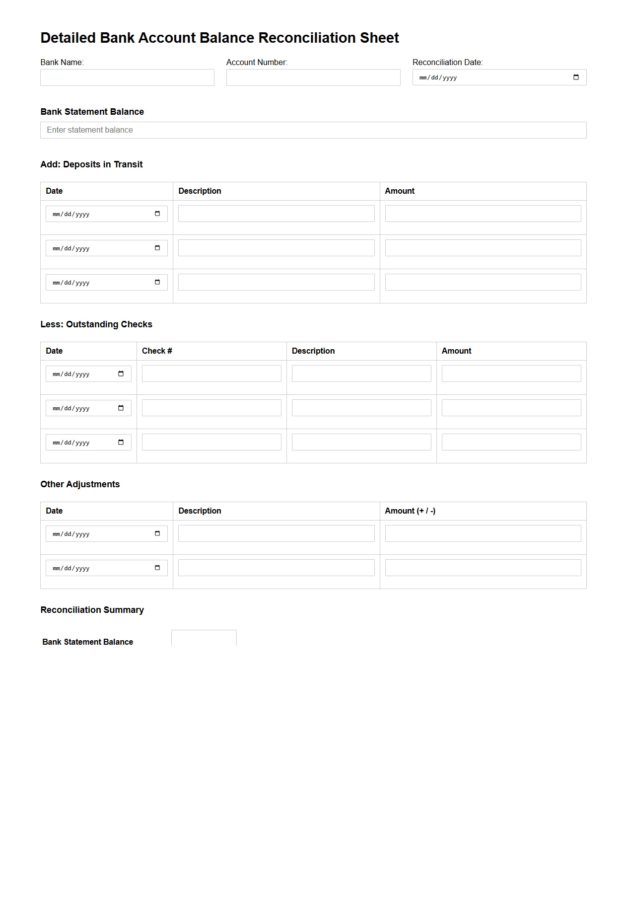 Detailed Bank Account Balance Reconciliation Sheet