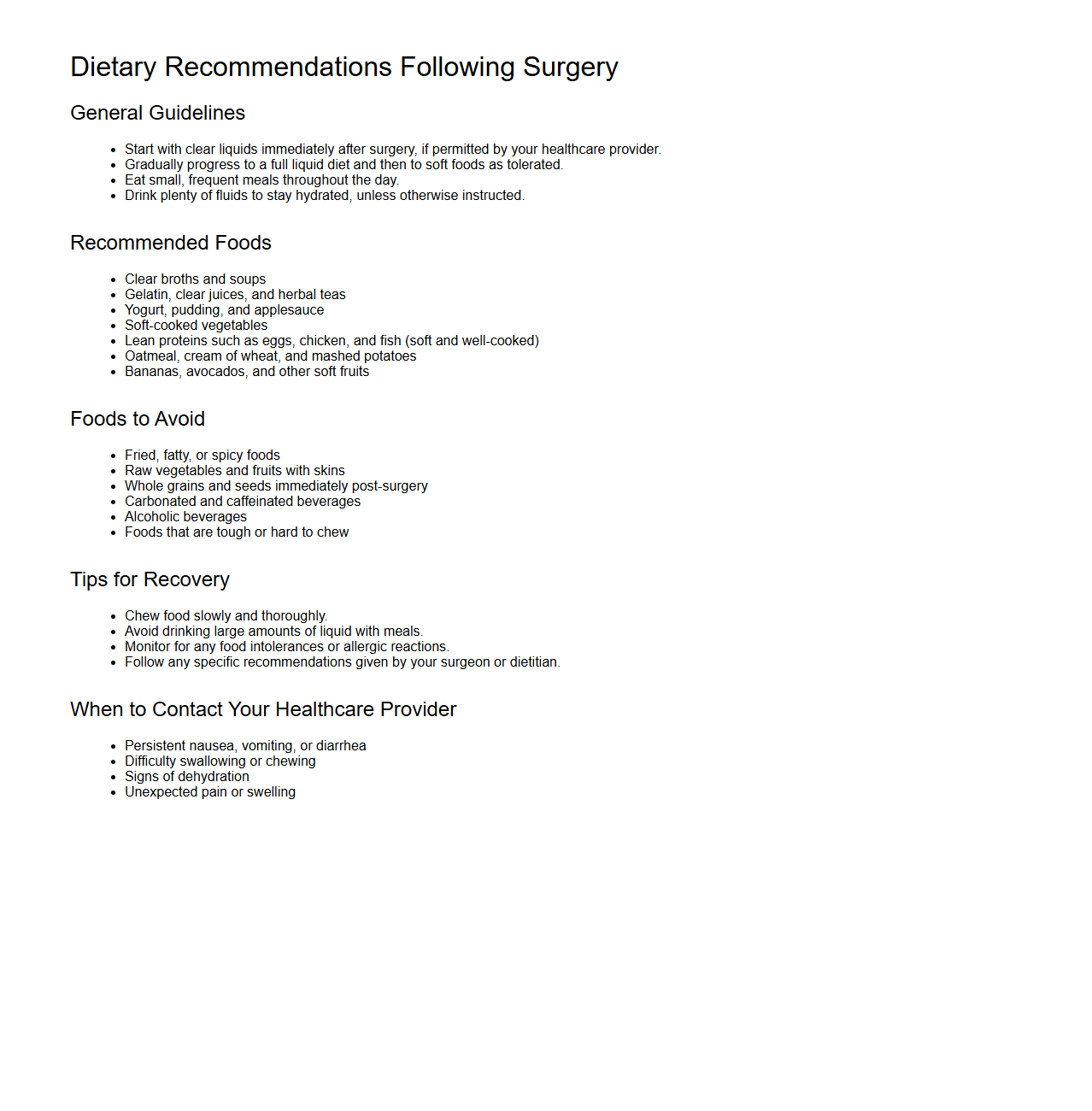 Dietary Recommendations Following Surgery