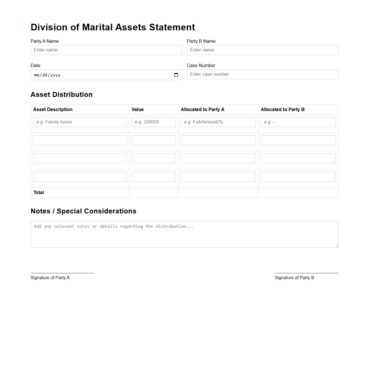 Division of Marital Assets Statement Template
