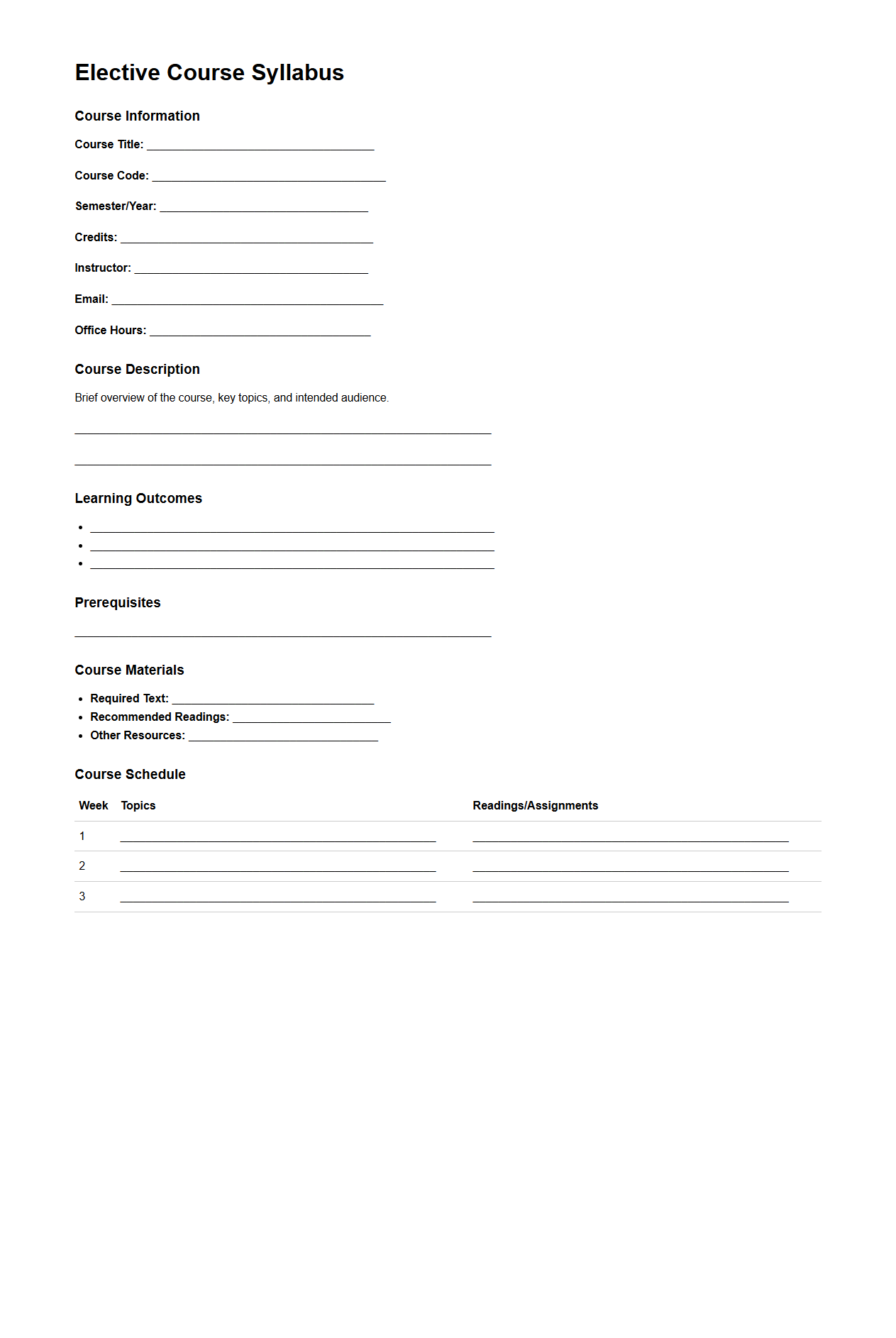 Elective Course Syllabus Structure for Higher Ed