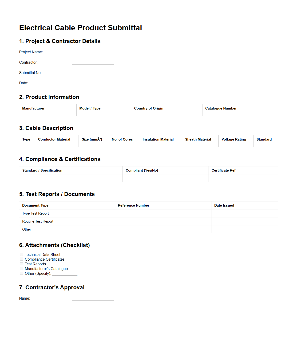 Electrical Cable Product Submittal Documentation Format