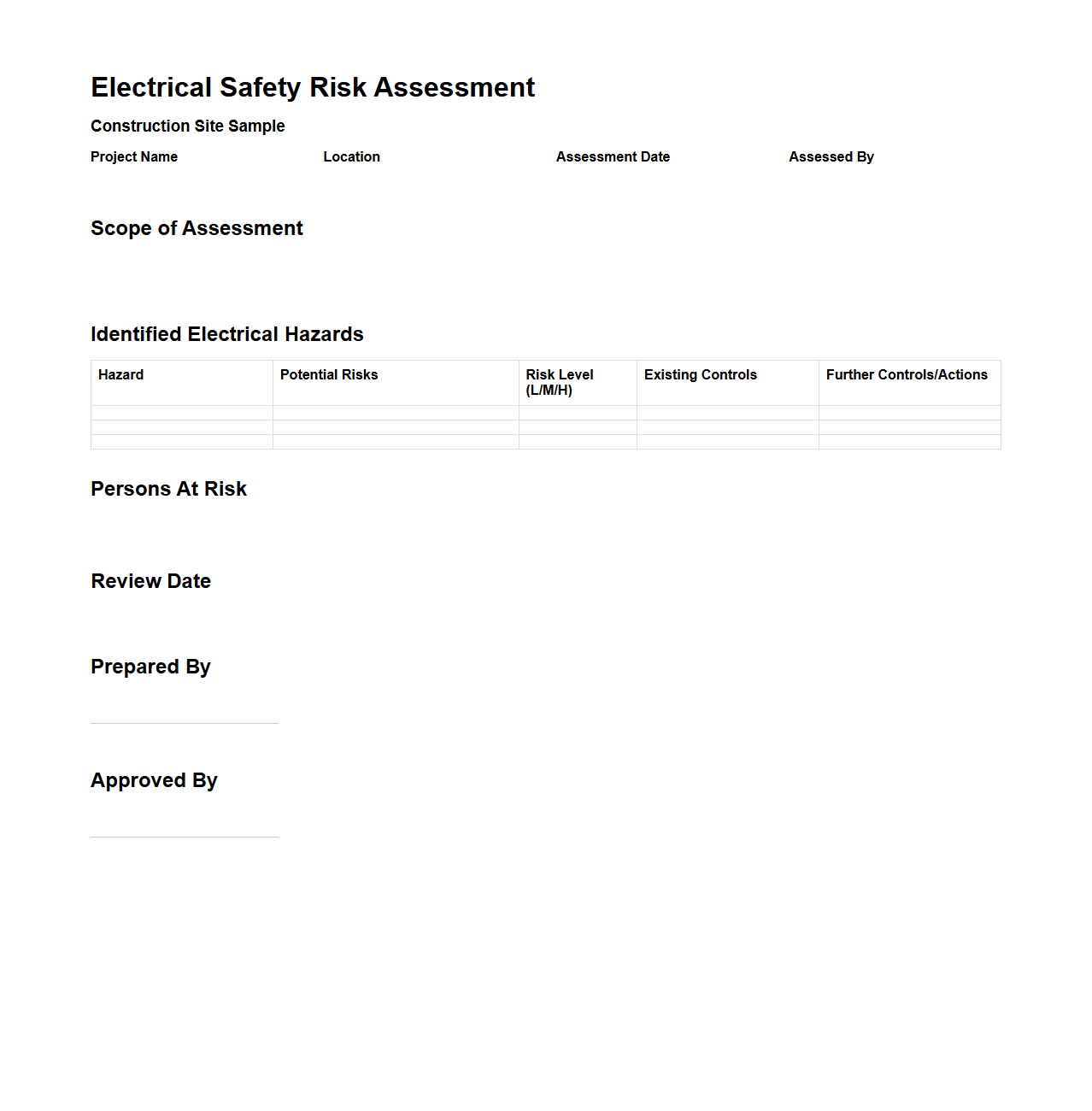 Electrical Safety Risk Assessment Sample for Construction Sites