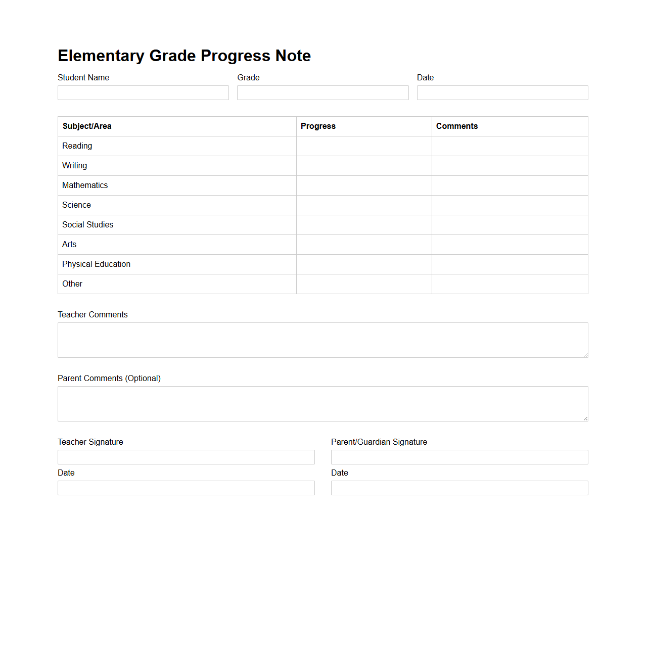 Elementary Grade Progress Note for Parent Review
