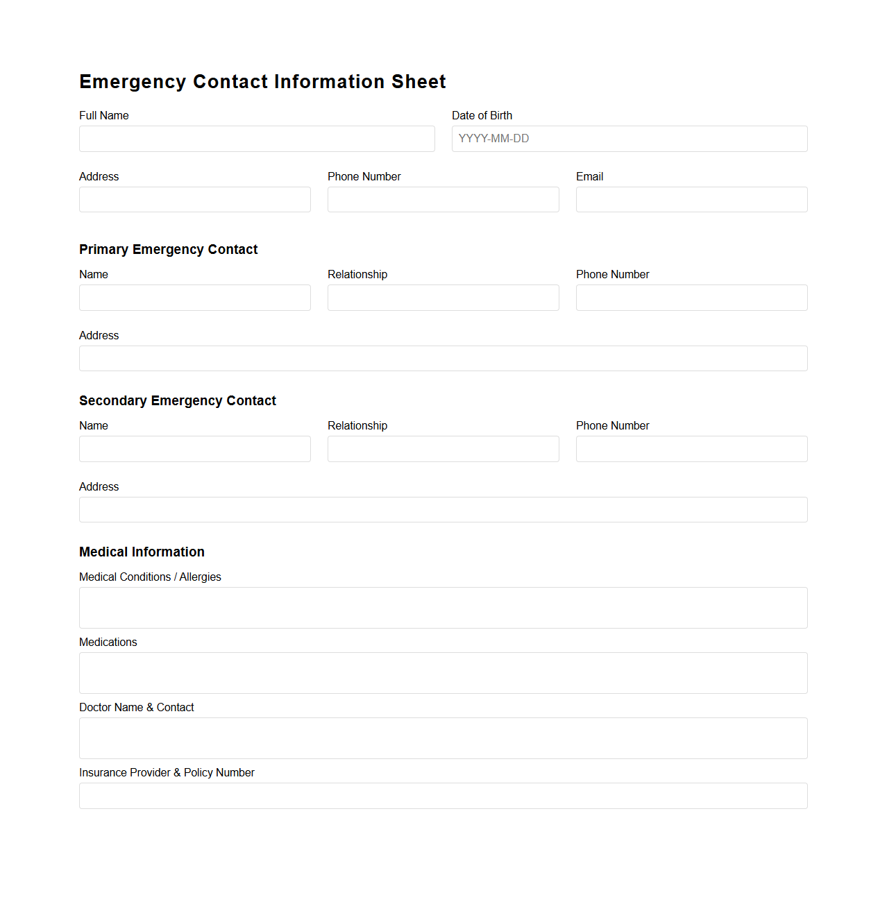 Emergency Contact Information Sheet