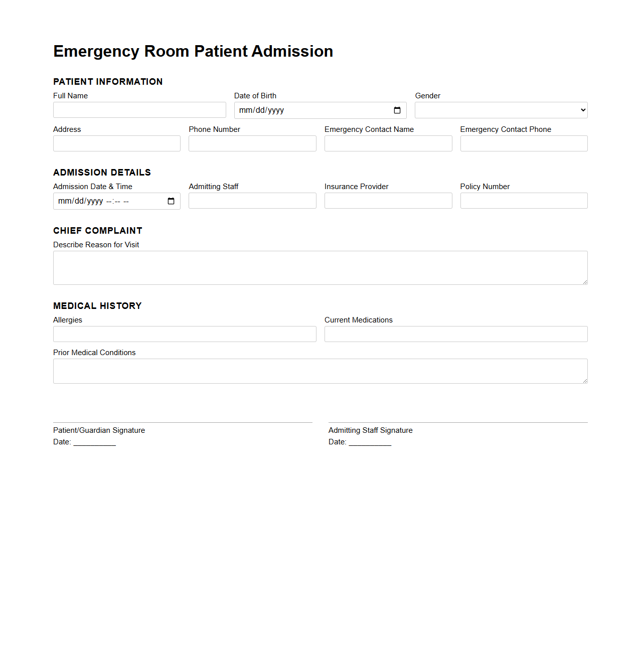 Emergency Room Patient Admission Document Example