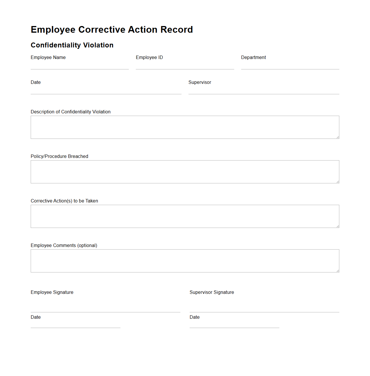 Employee Corrective Action Record for Confidentiality Violation