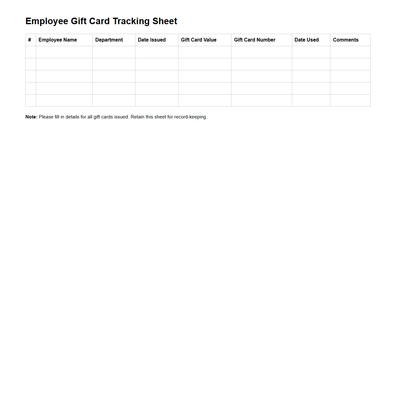 Employee Gift Card Tracking Sheet