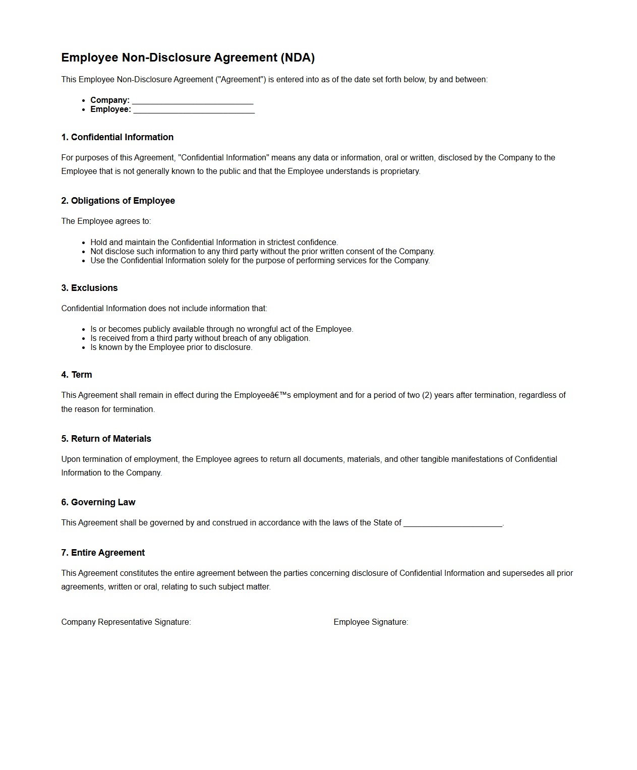 Employee Non-Disclosure Agreement Example