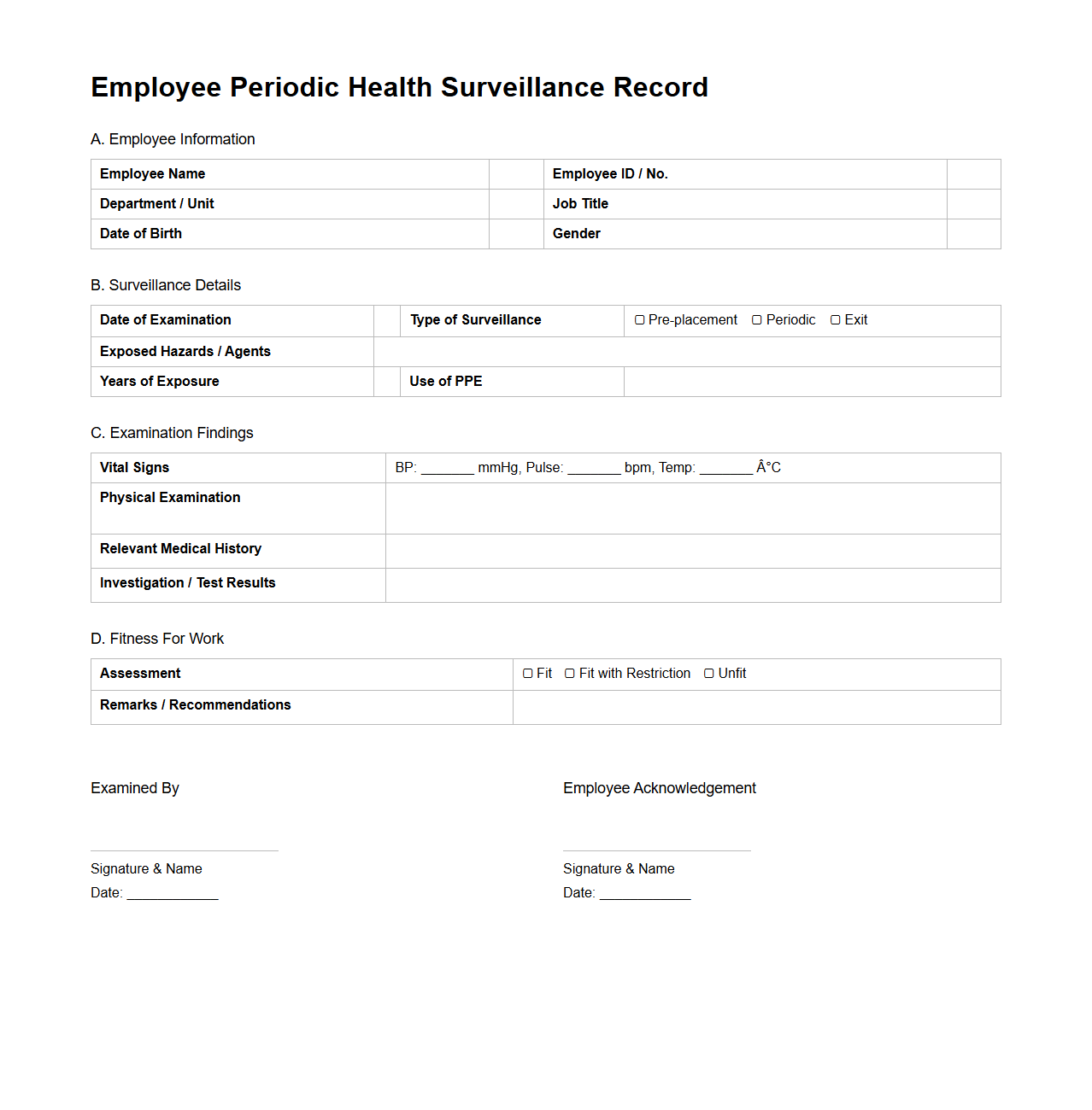 Employee Periodic Health Surveillance Record
