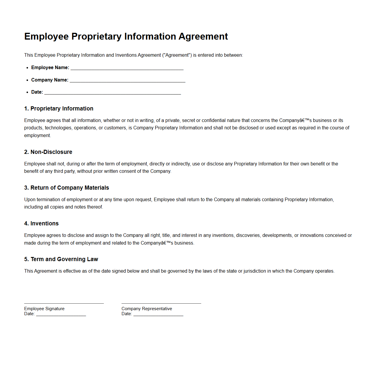 Employee Proprietary Information Agreement Example