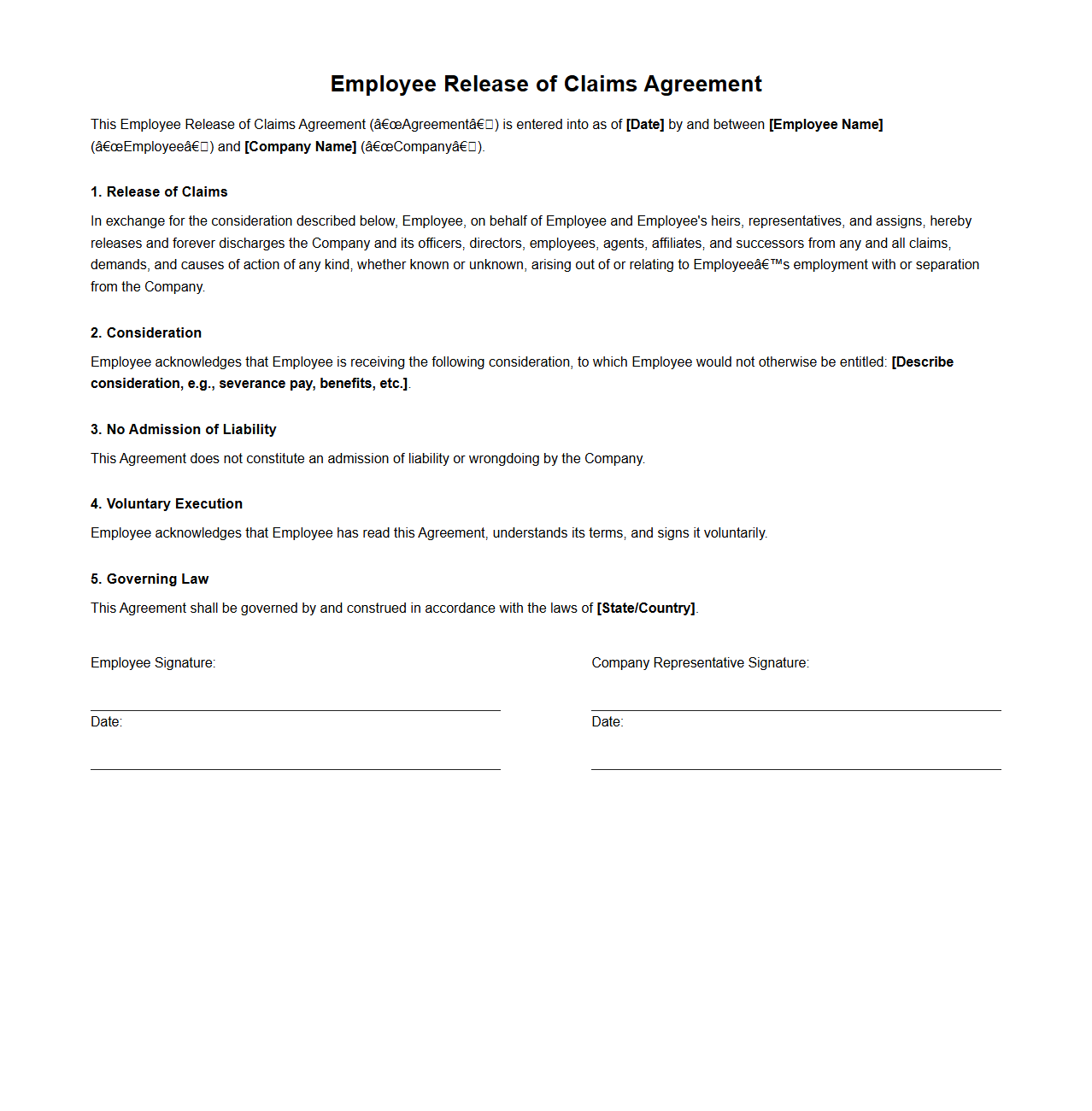 Employee Release of Claims Agreement Template