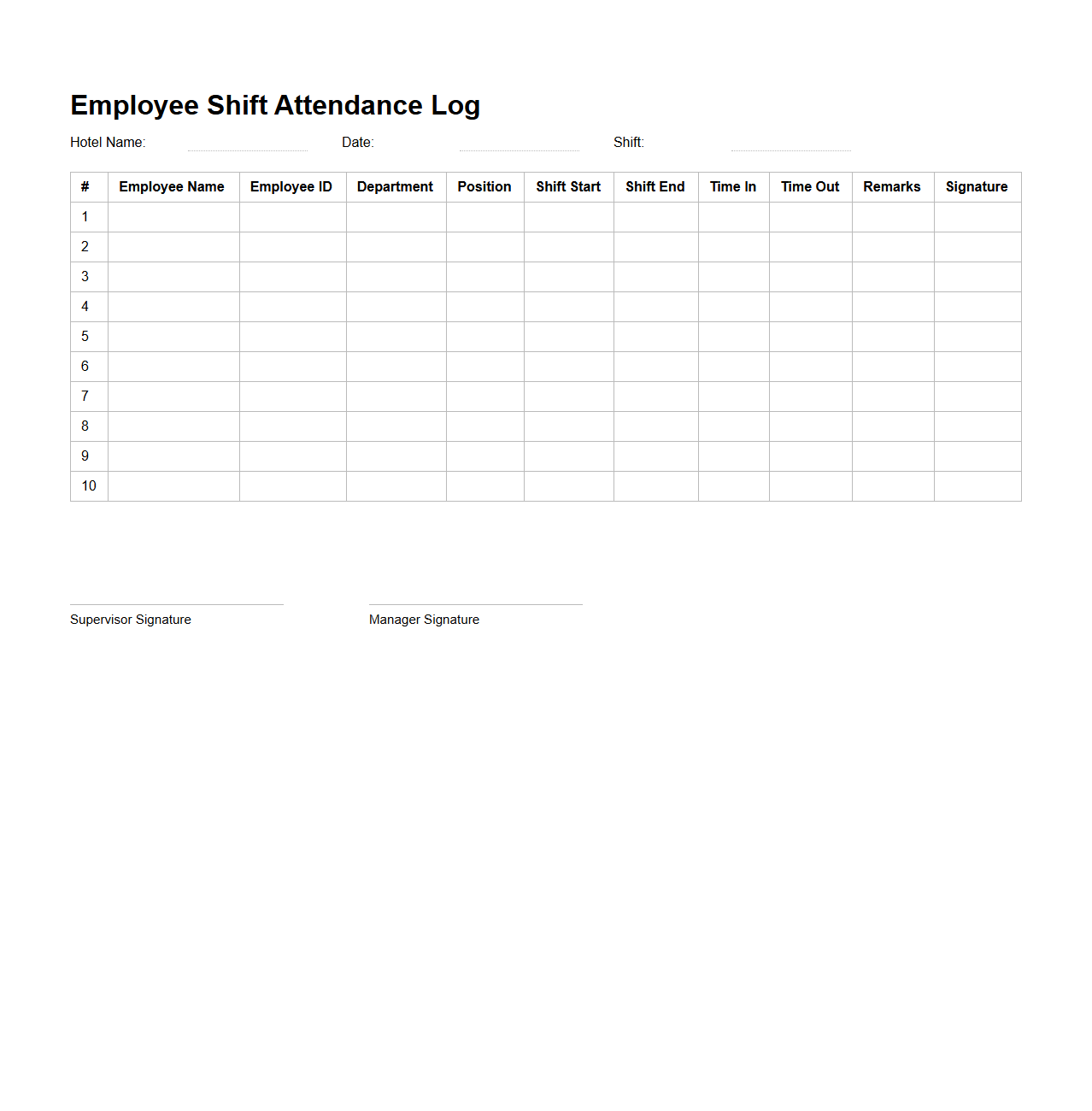 Employee Shift Attendance Log for Hotels