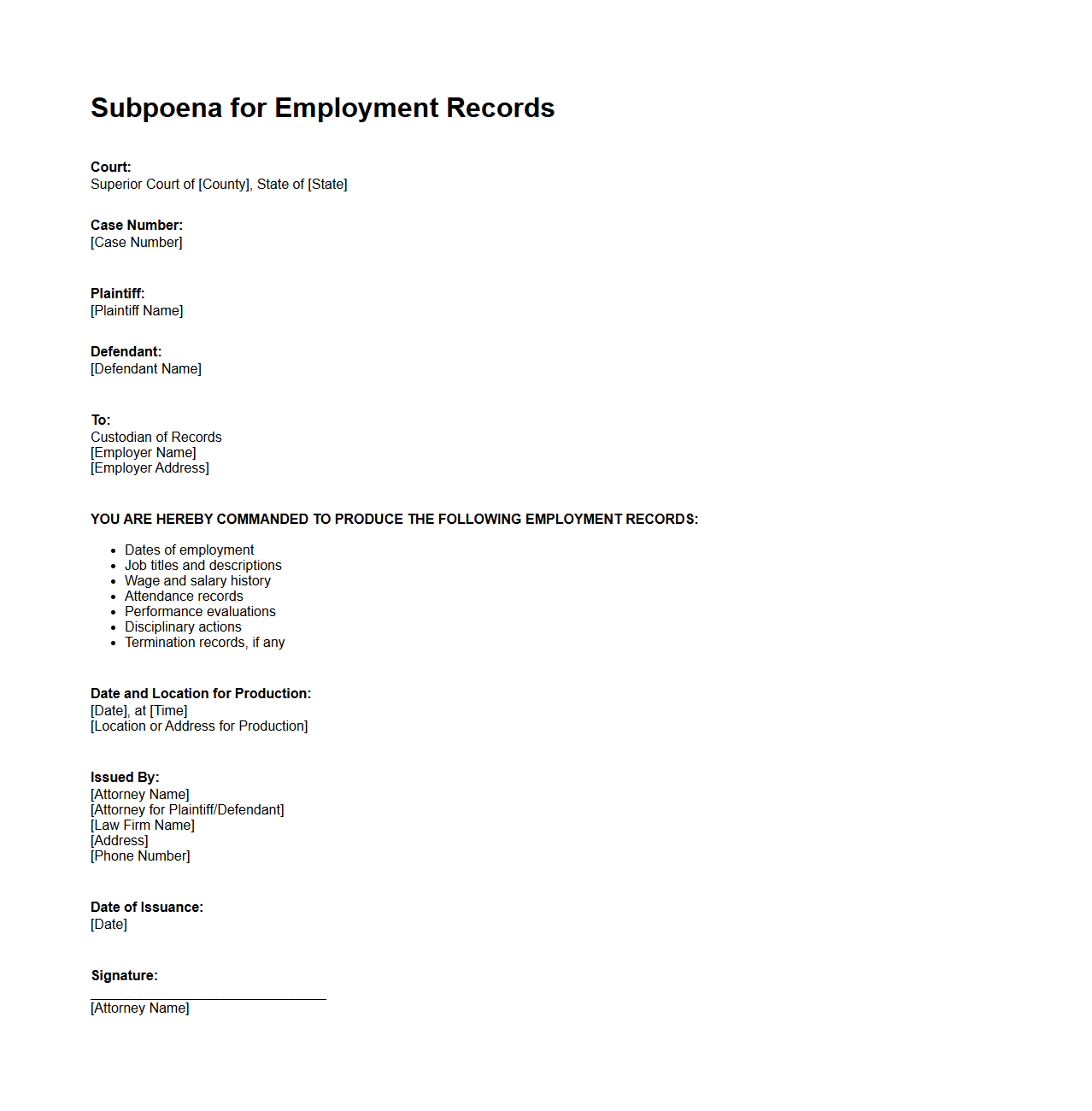 Employment Records Subpoena Example