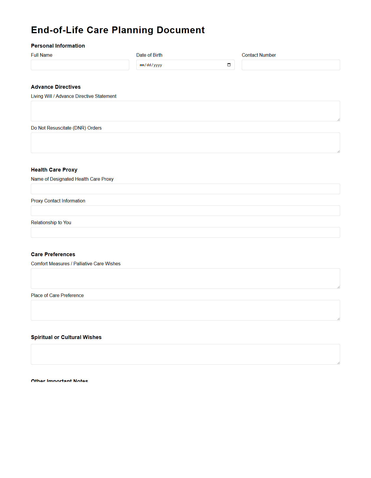 End-of-Life Care Planning Document Template