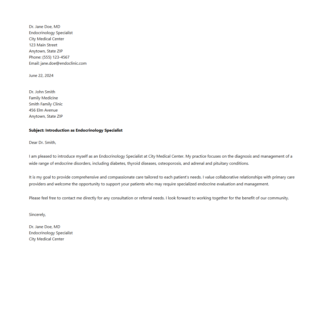 Endocrinology Specialist Introduction Letter