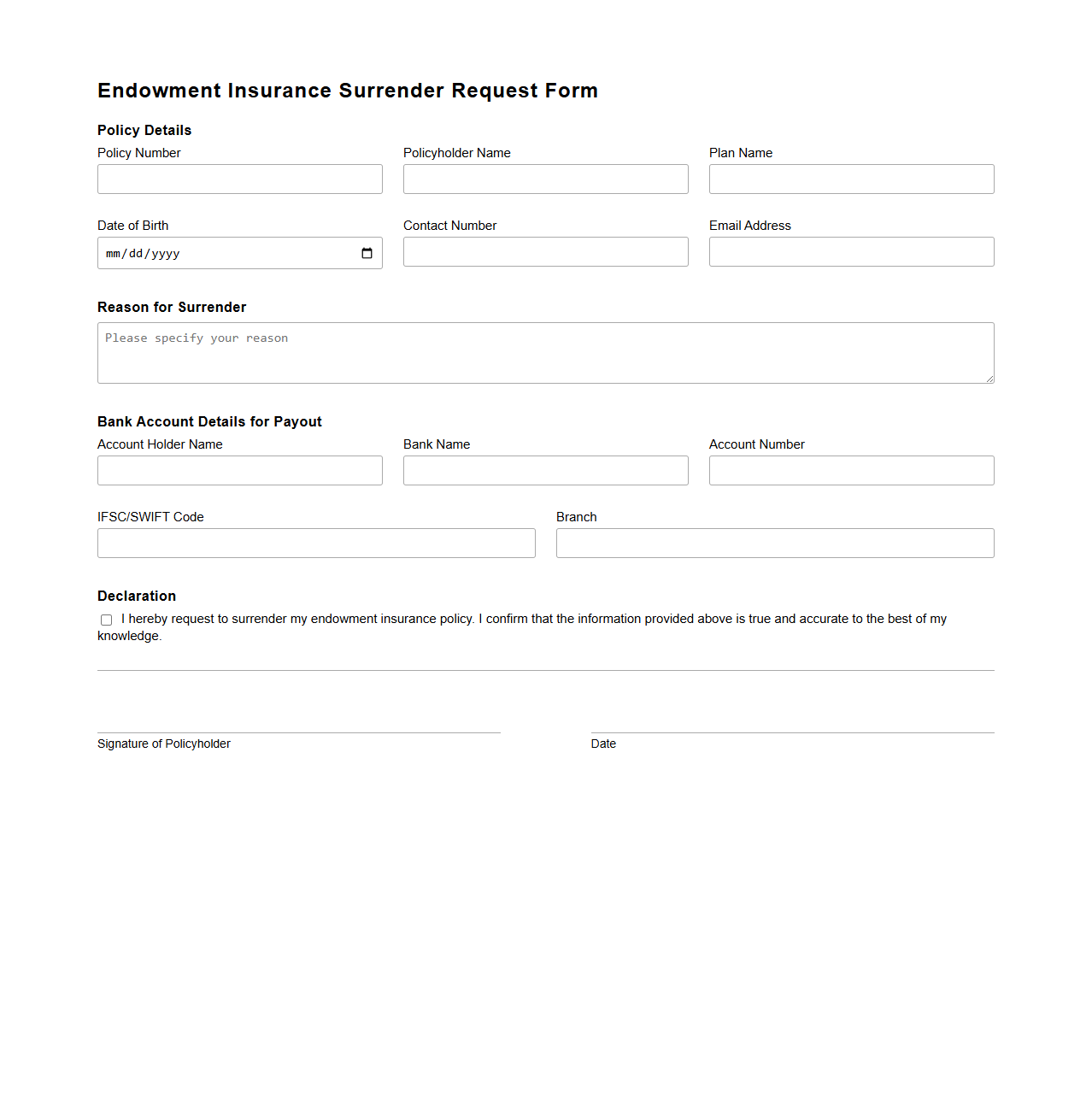 Endowment Insurance Surrender Request Form Template