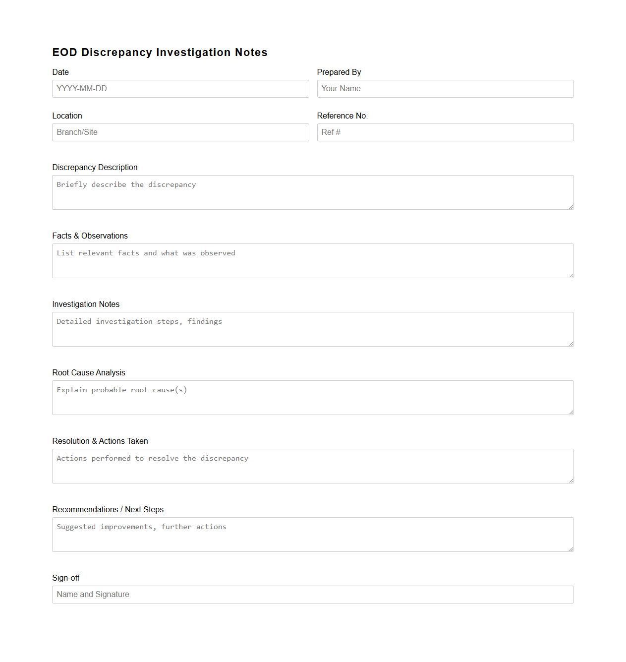 EOD Discrepancy Investigation Notes Template