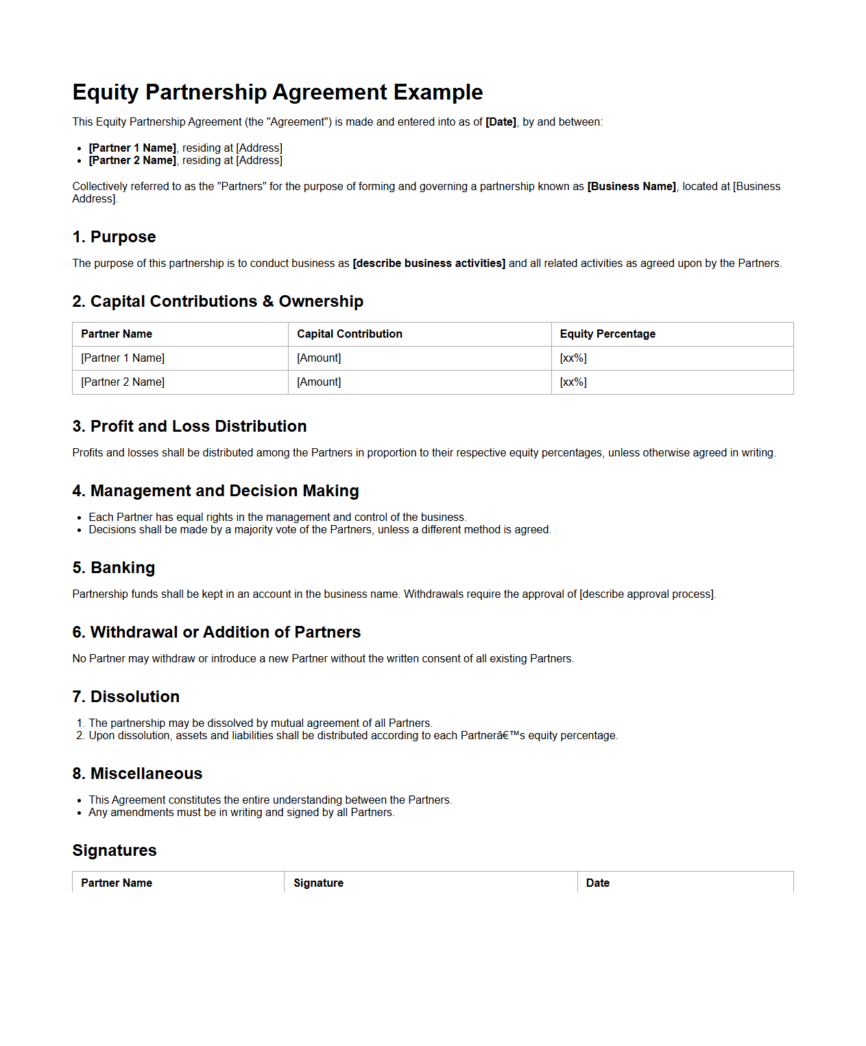 Equity Partnership Agreement Example for Small Enterprises