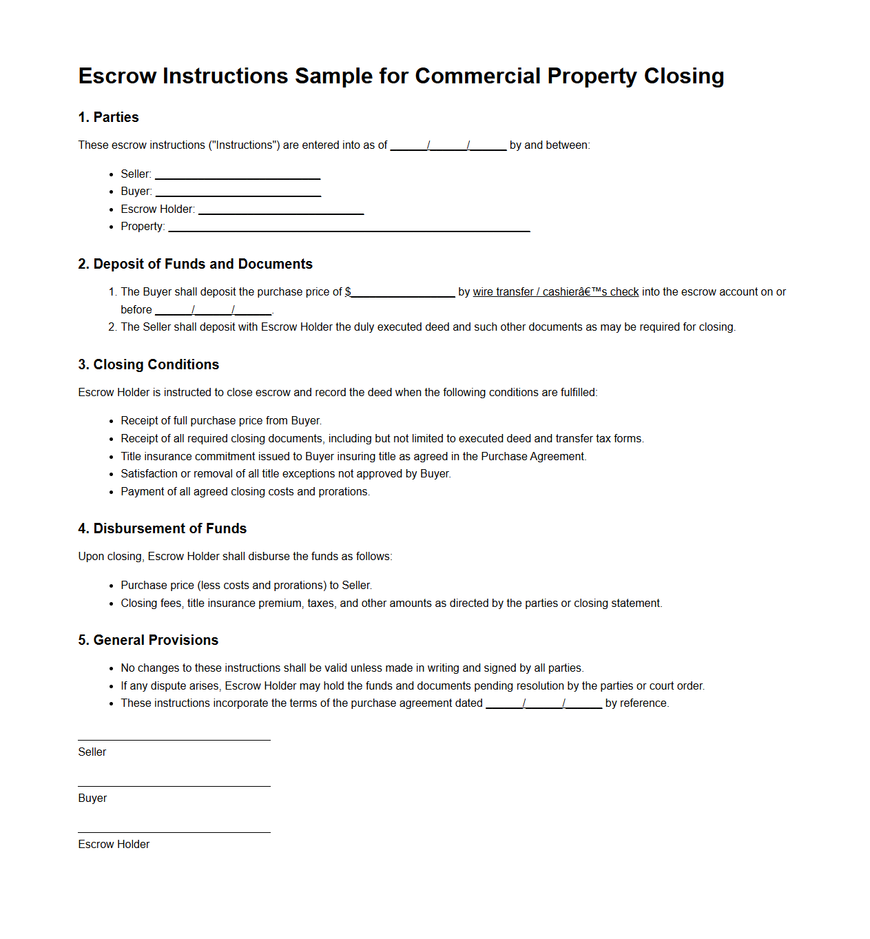 Escrow Instructions Sample for Commercial Property Closing
