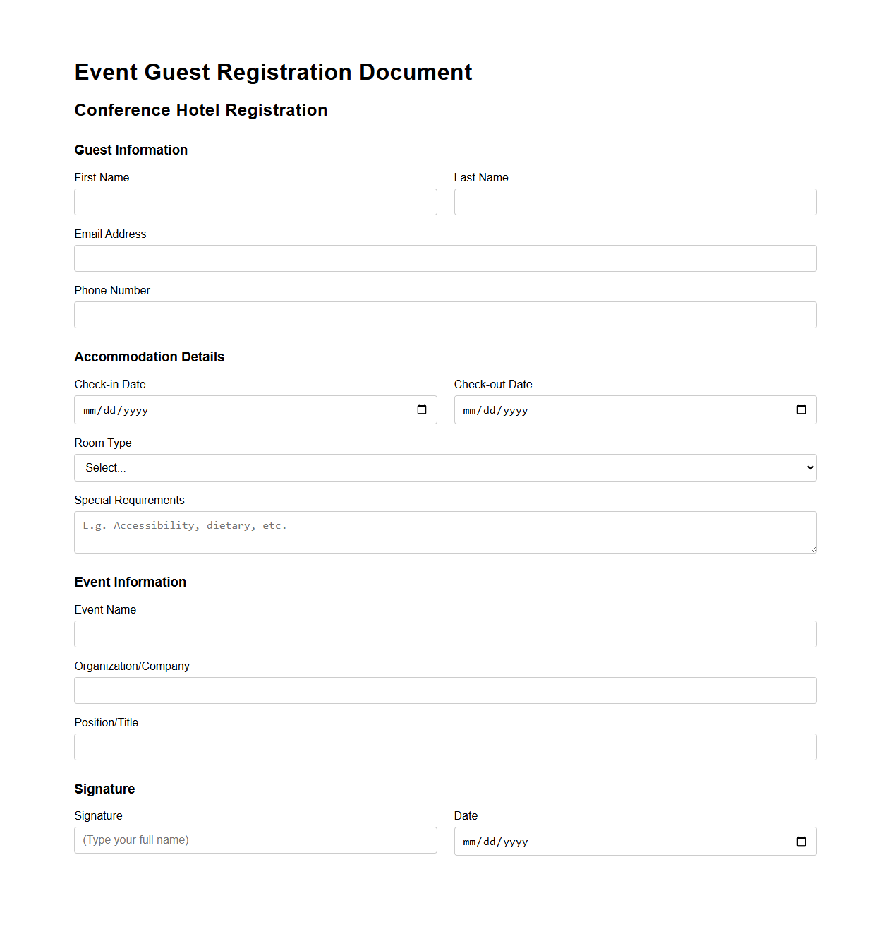 Event Guest Registration Document for Conference Hotels