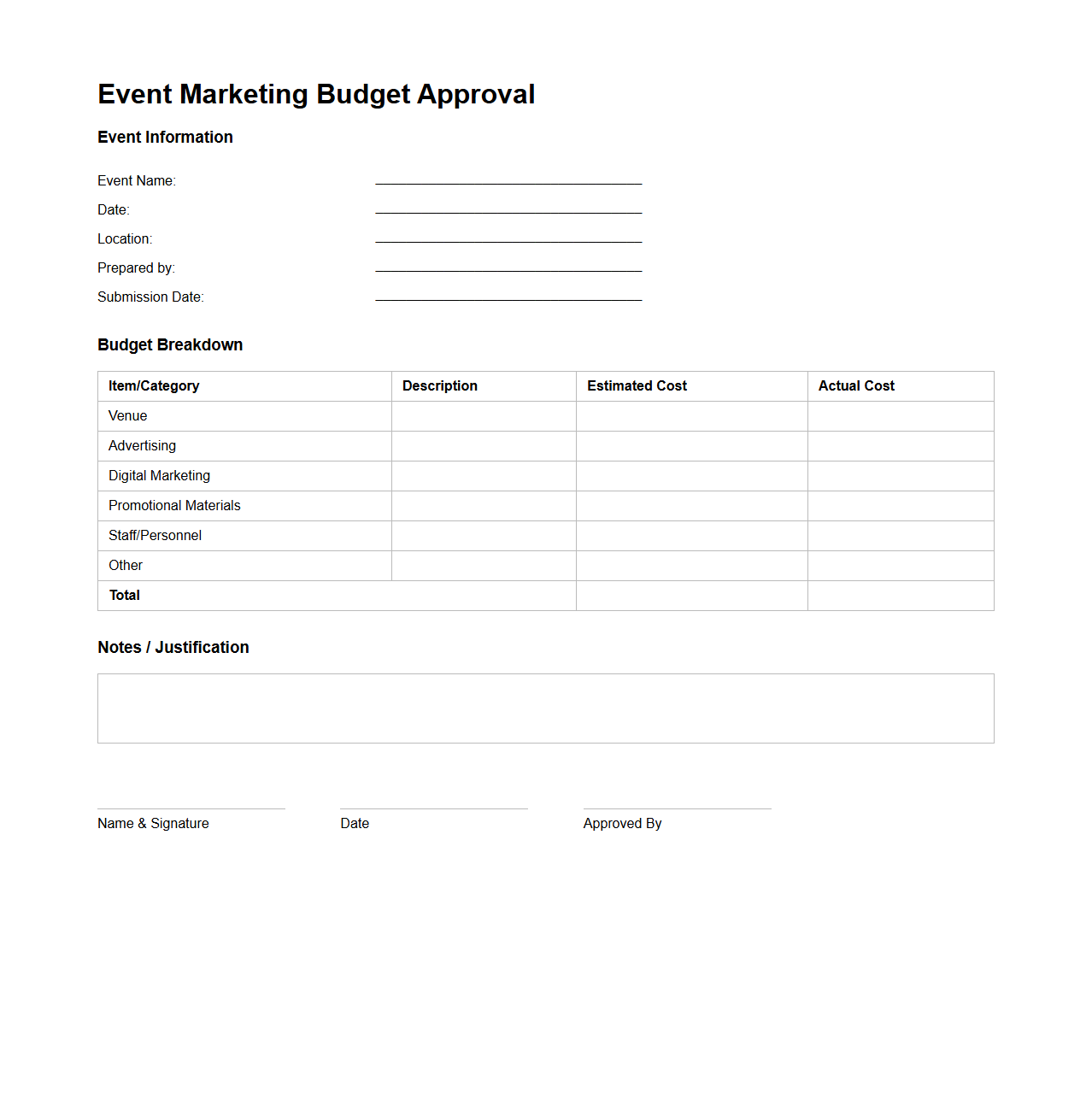 Event Marketing Budget Approval Document