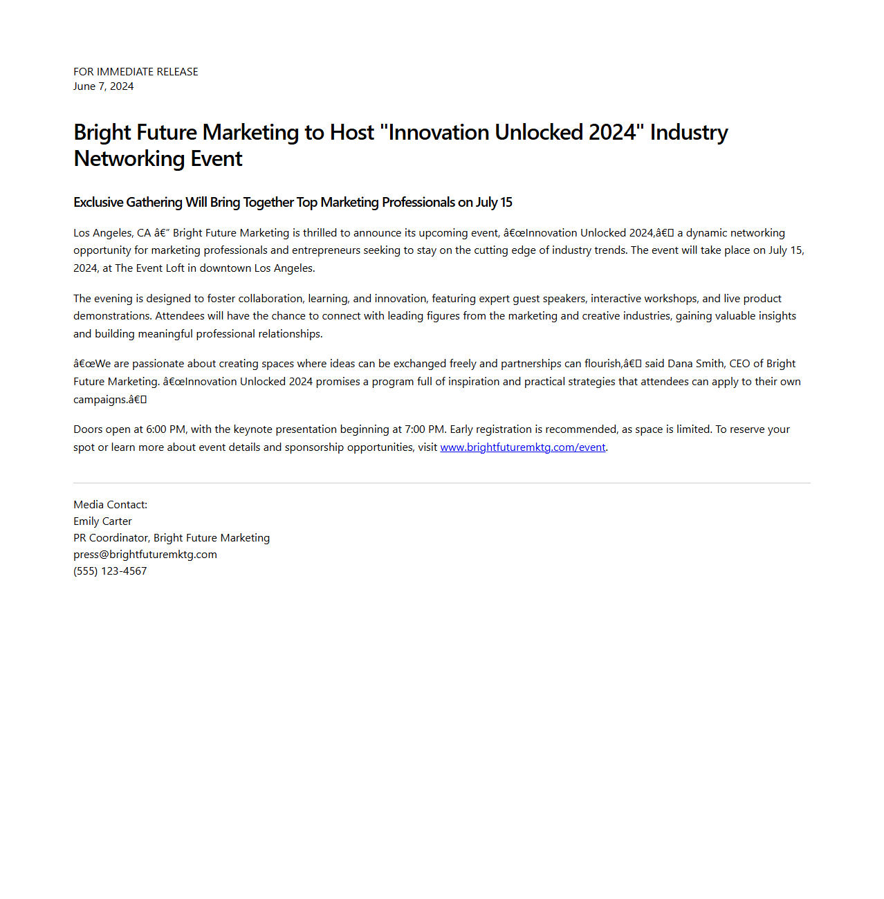 Event Promotion Press Release Example for Marketing Campaigns