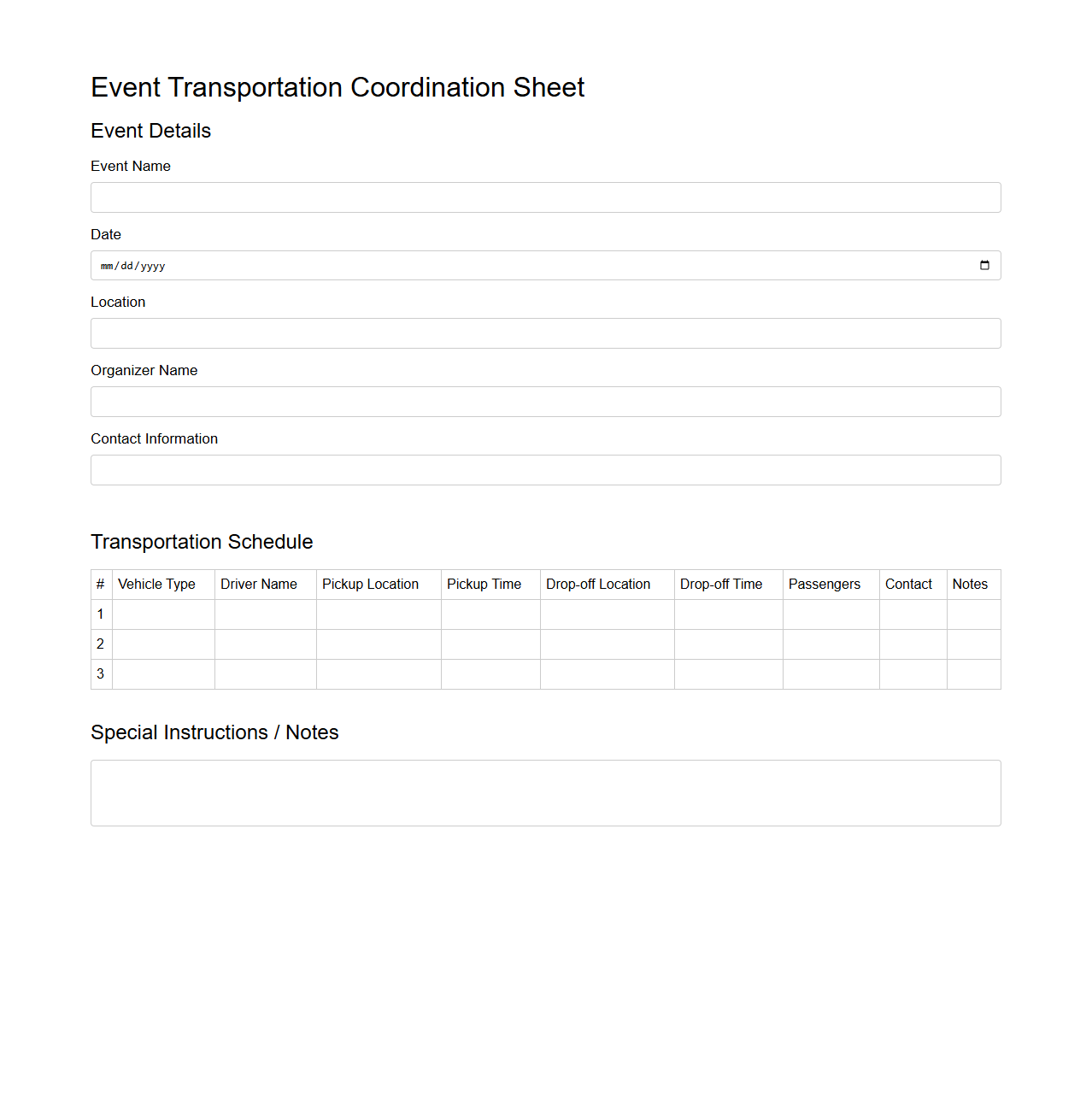 Event Transportation Coordination Sheet Template