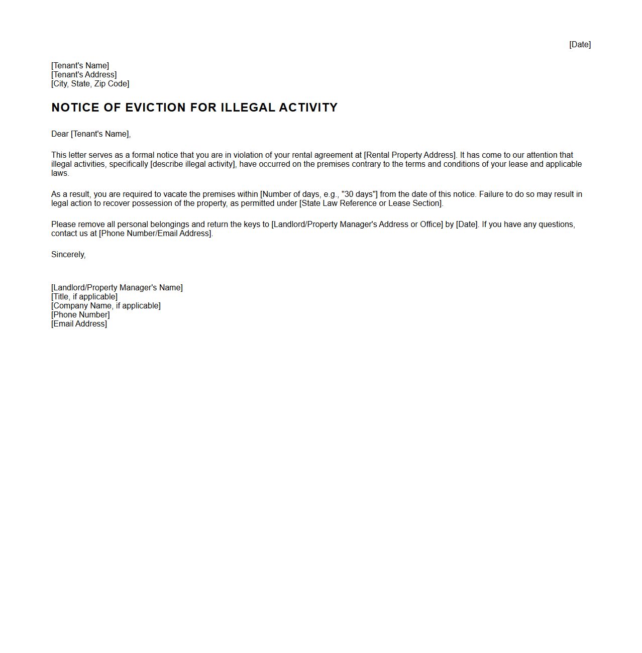 Eviction for Illegal Activity Sample Letter