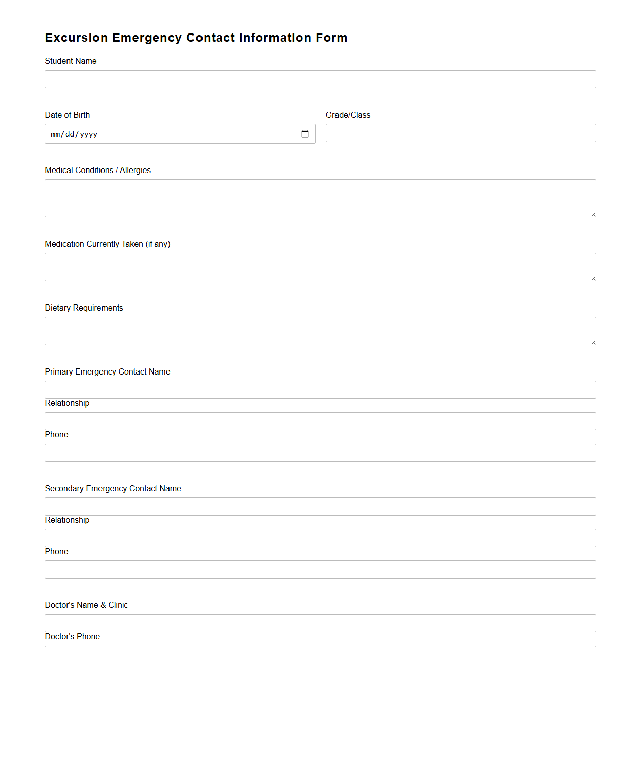 Excursion Emergency Contact Information Form