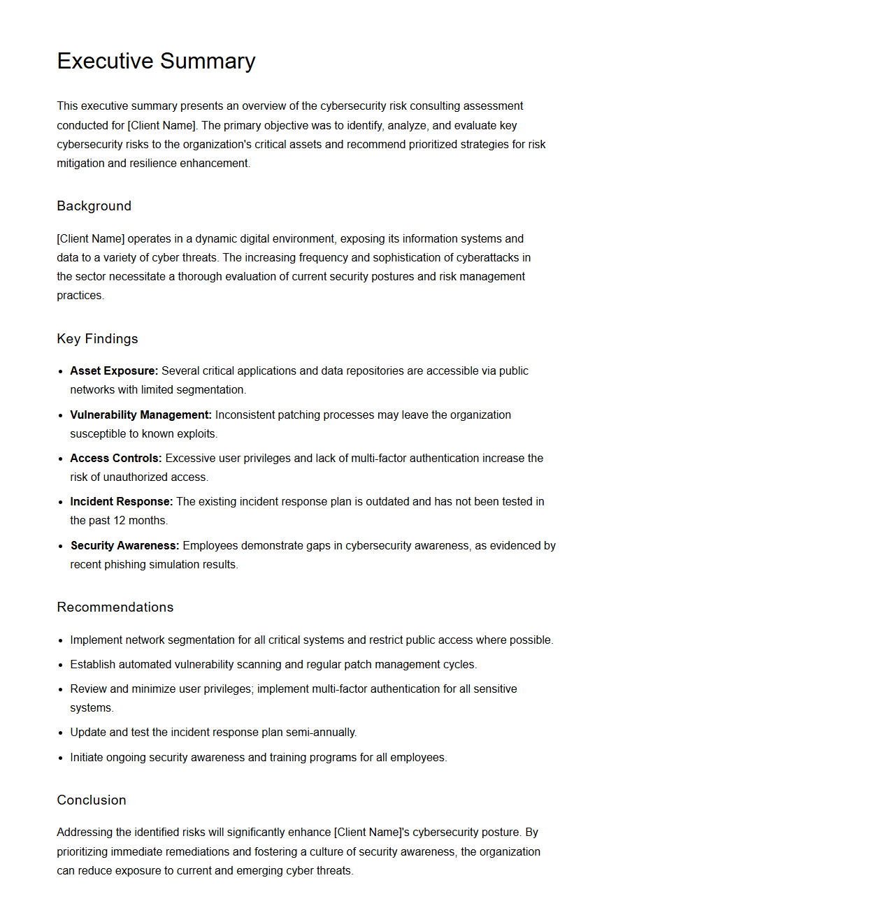 Executive Summary Example for Cybersecurity Risk Consulting