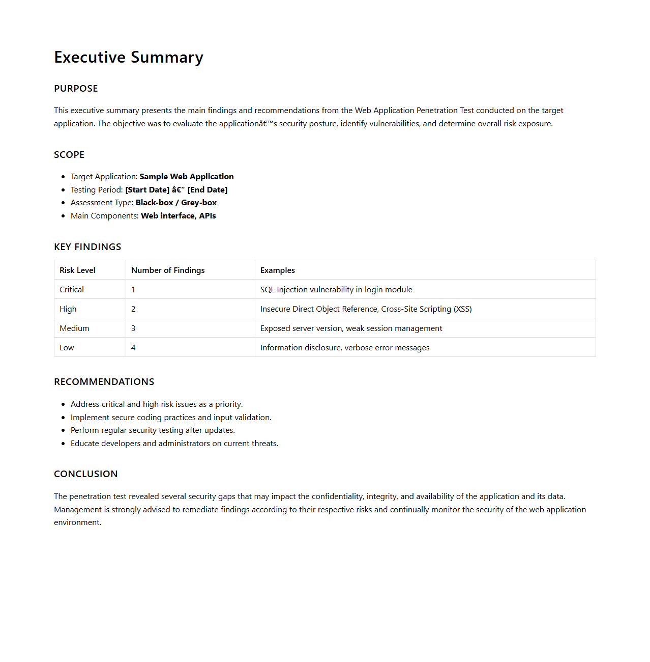 Executive Summary for Web Application Penetration Test