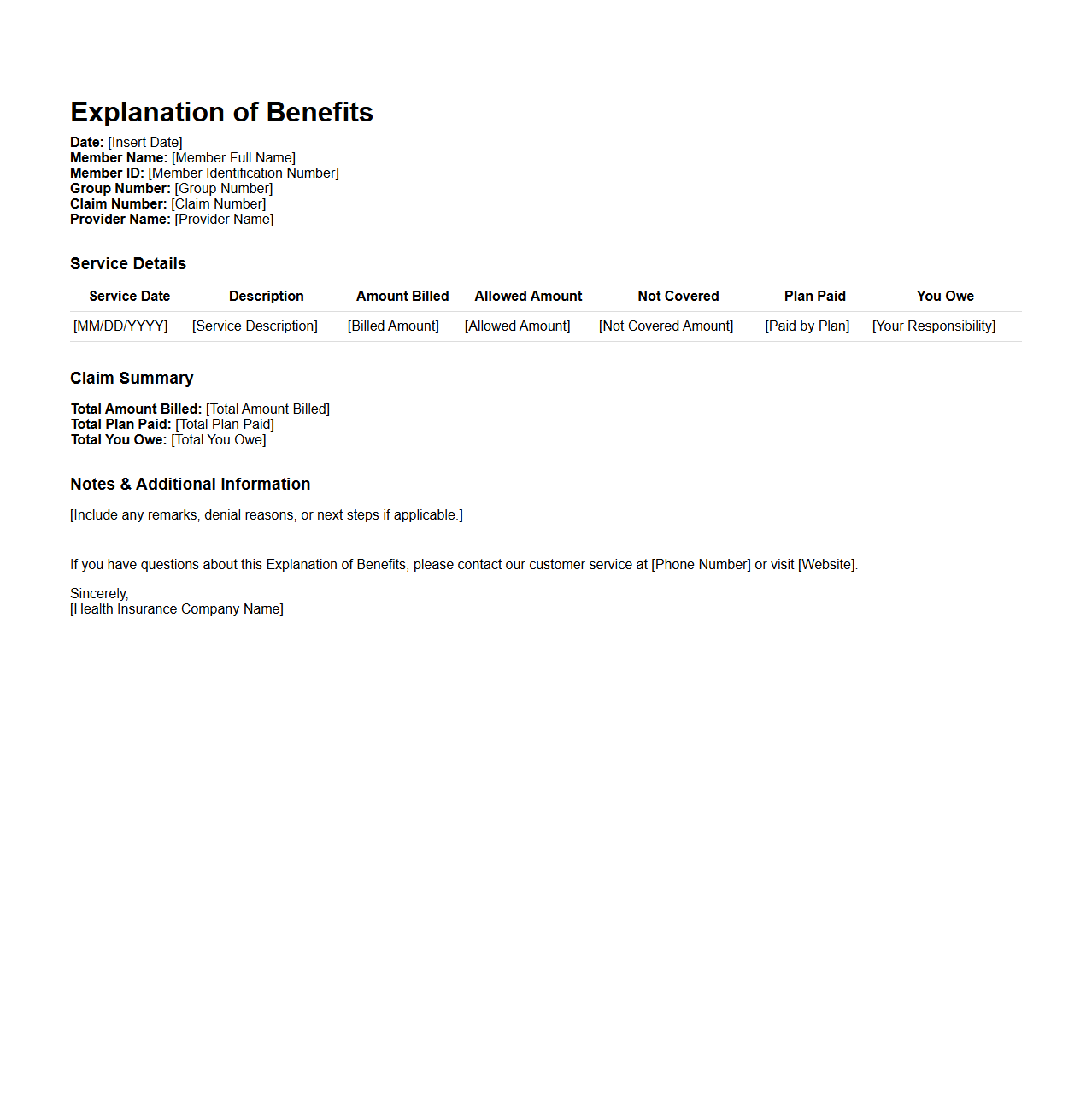 Explanation of Benefits Letter Sample