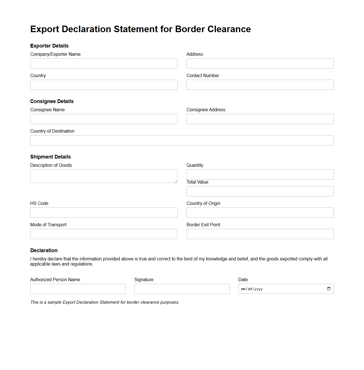 Export Declaration Statement for Border Clearance