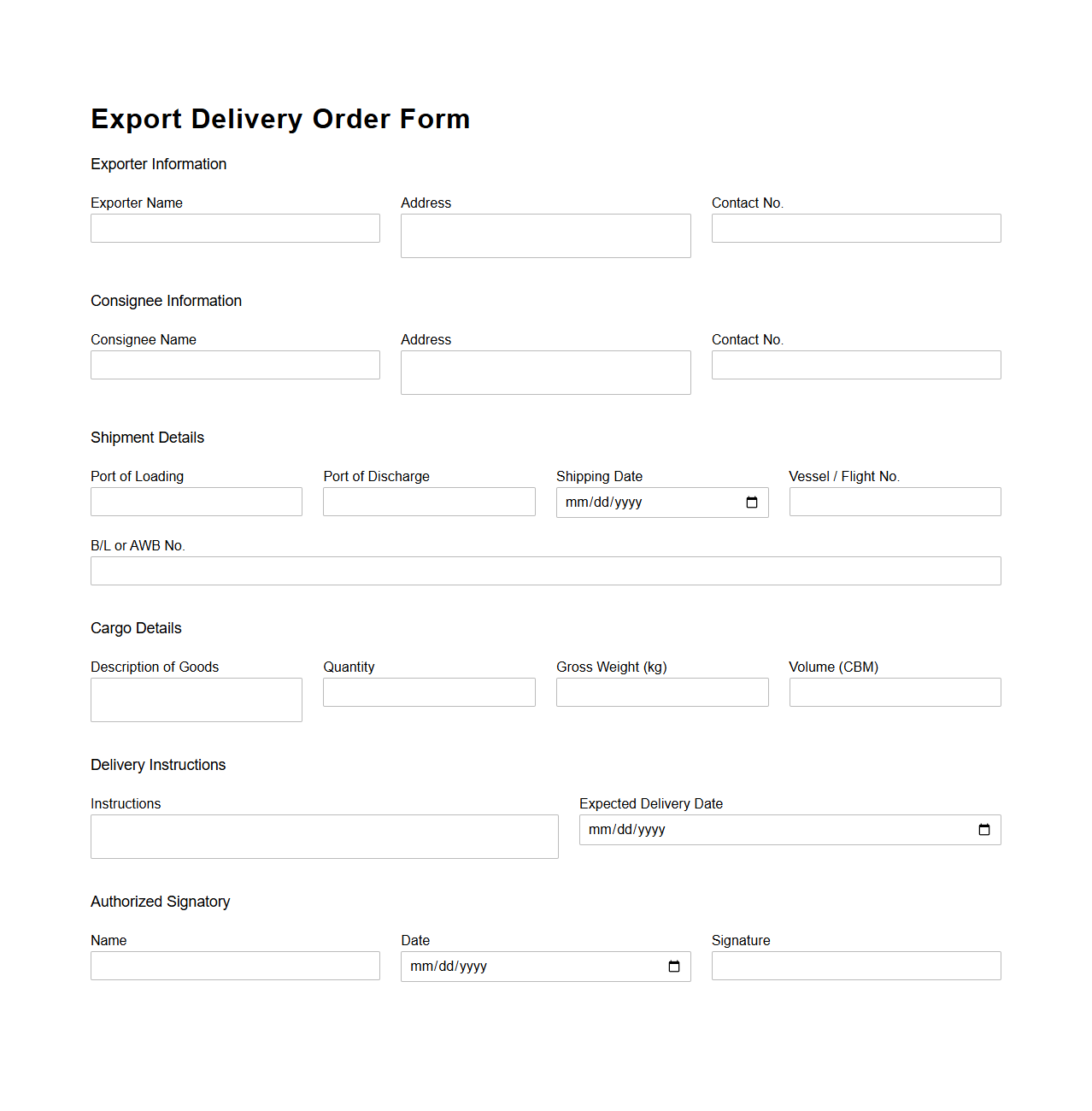 Export Delivery Order Form for International Shipping