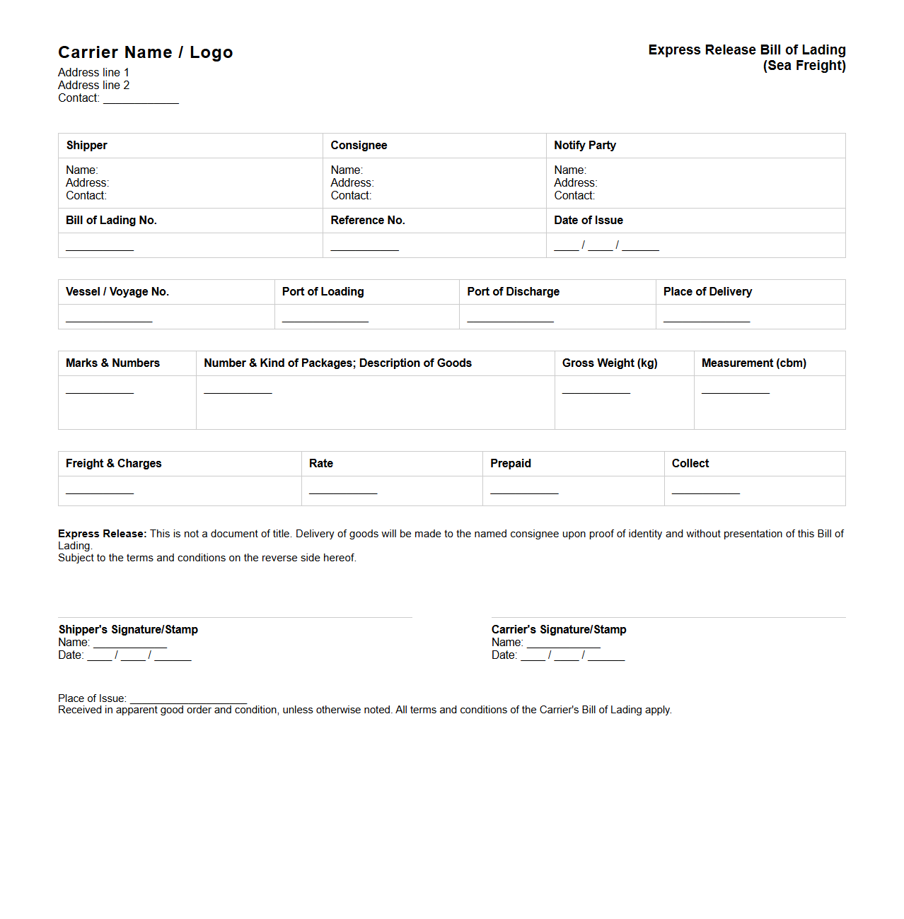 Express Release Bill of Lading for Sea Freight