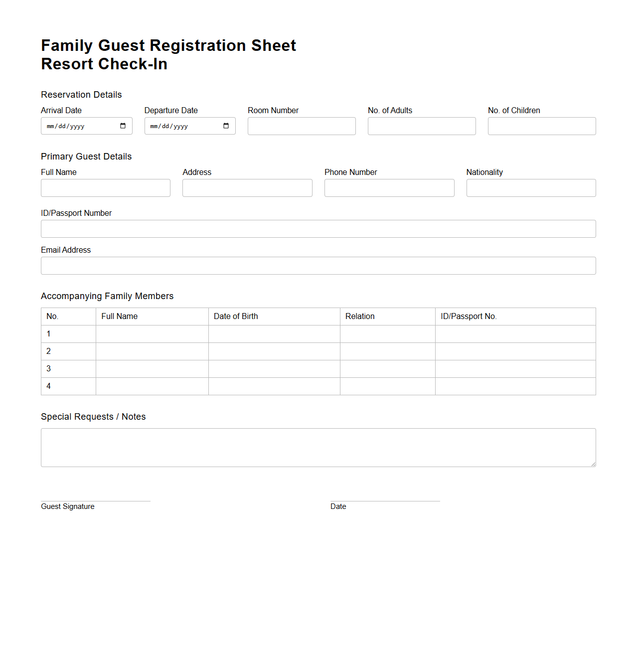 Family Guest Registration Sheet for Resort Check-In