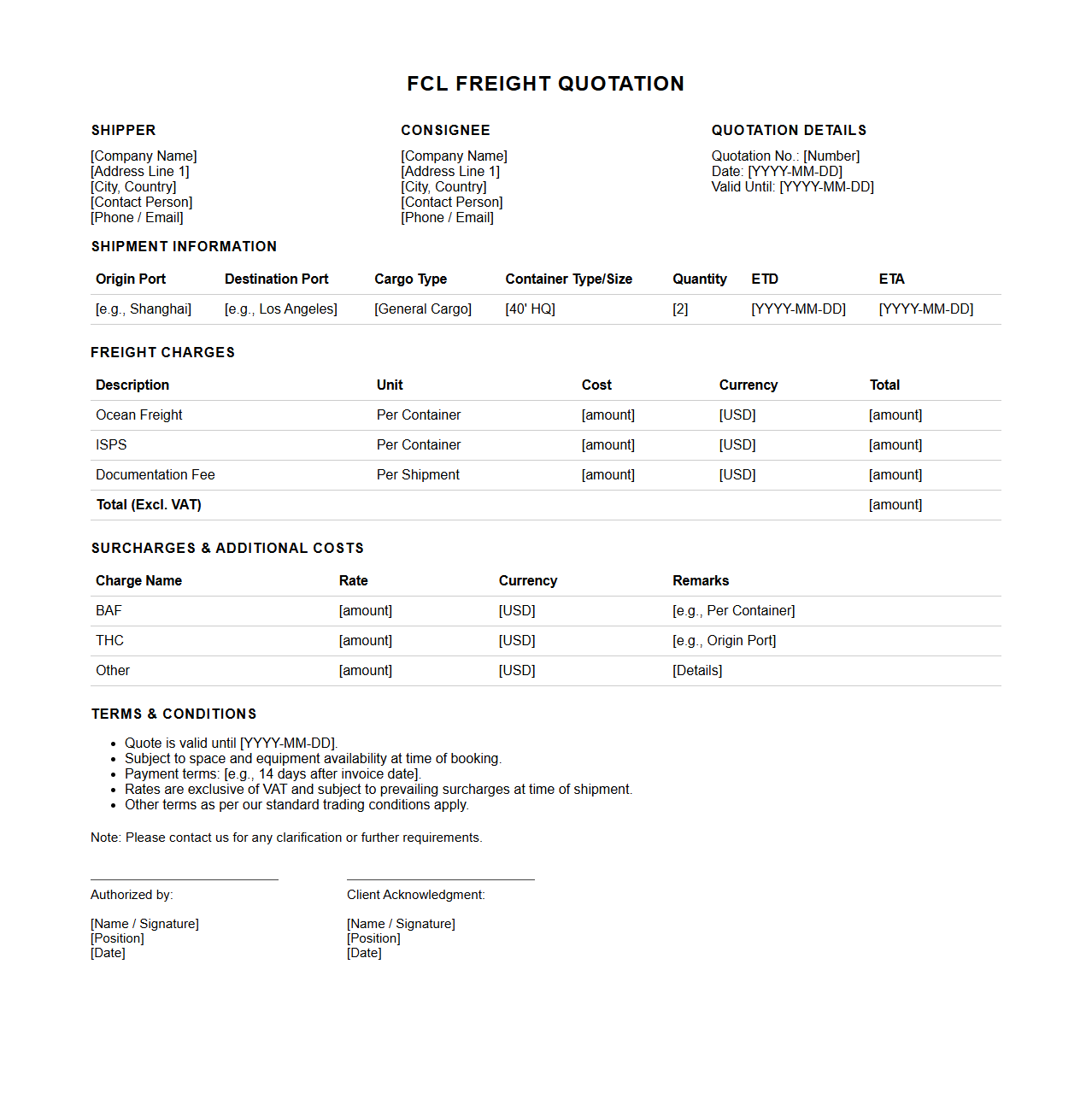 FCL Freight Quotation Document Sample