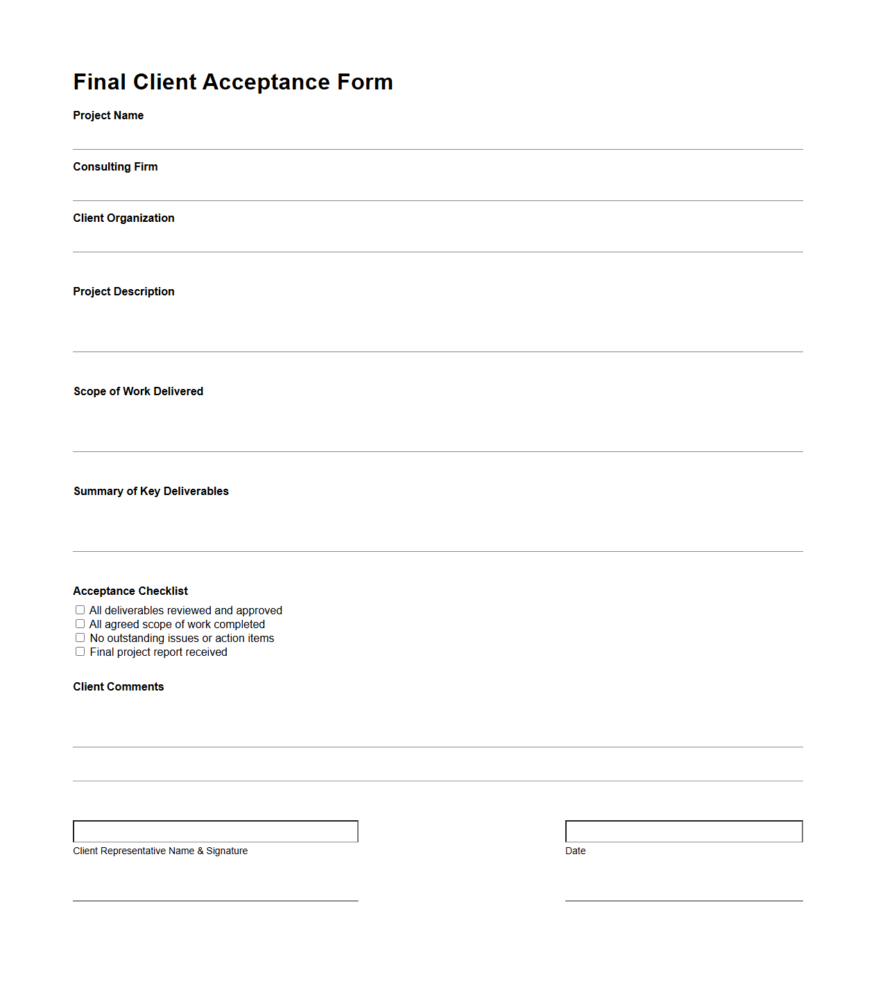 Final Client Acceptance Form for Consulting Projects