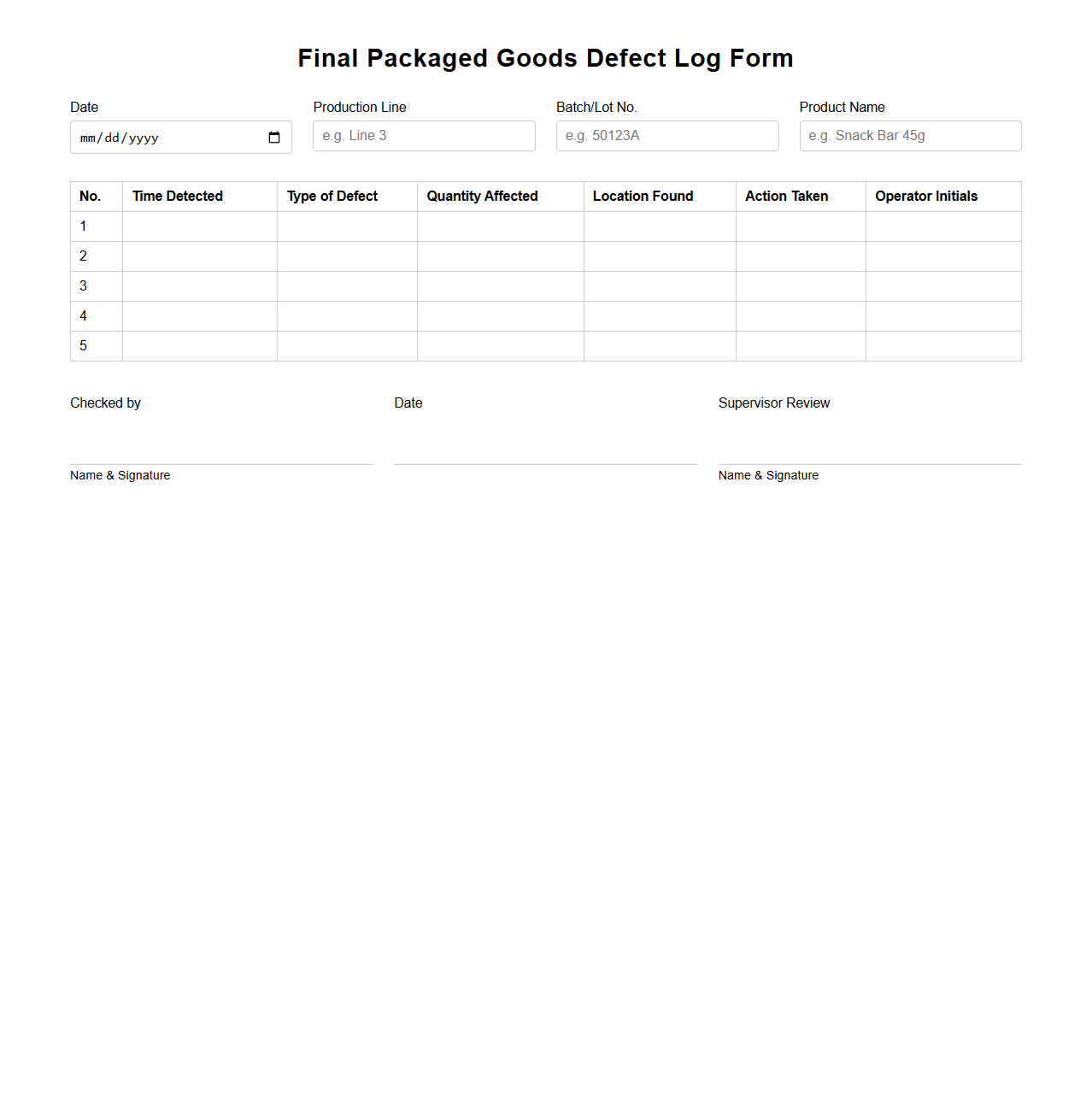 Final Packaged Goods Defect Log Form