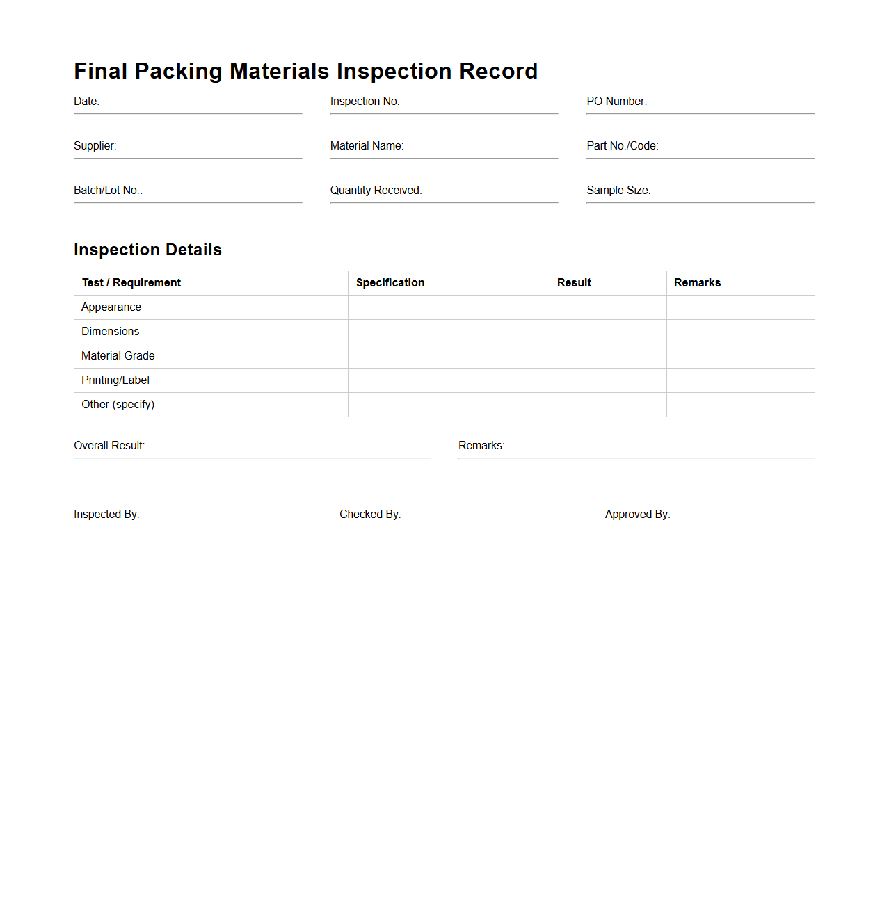 Final Packing Materials Inspection Record Sample