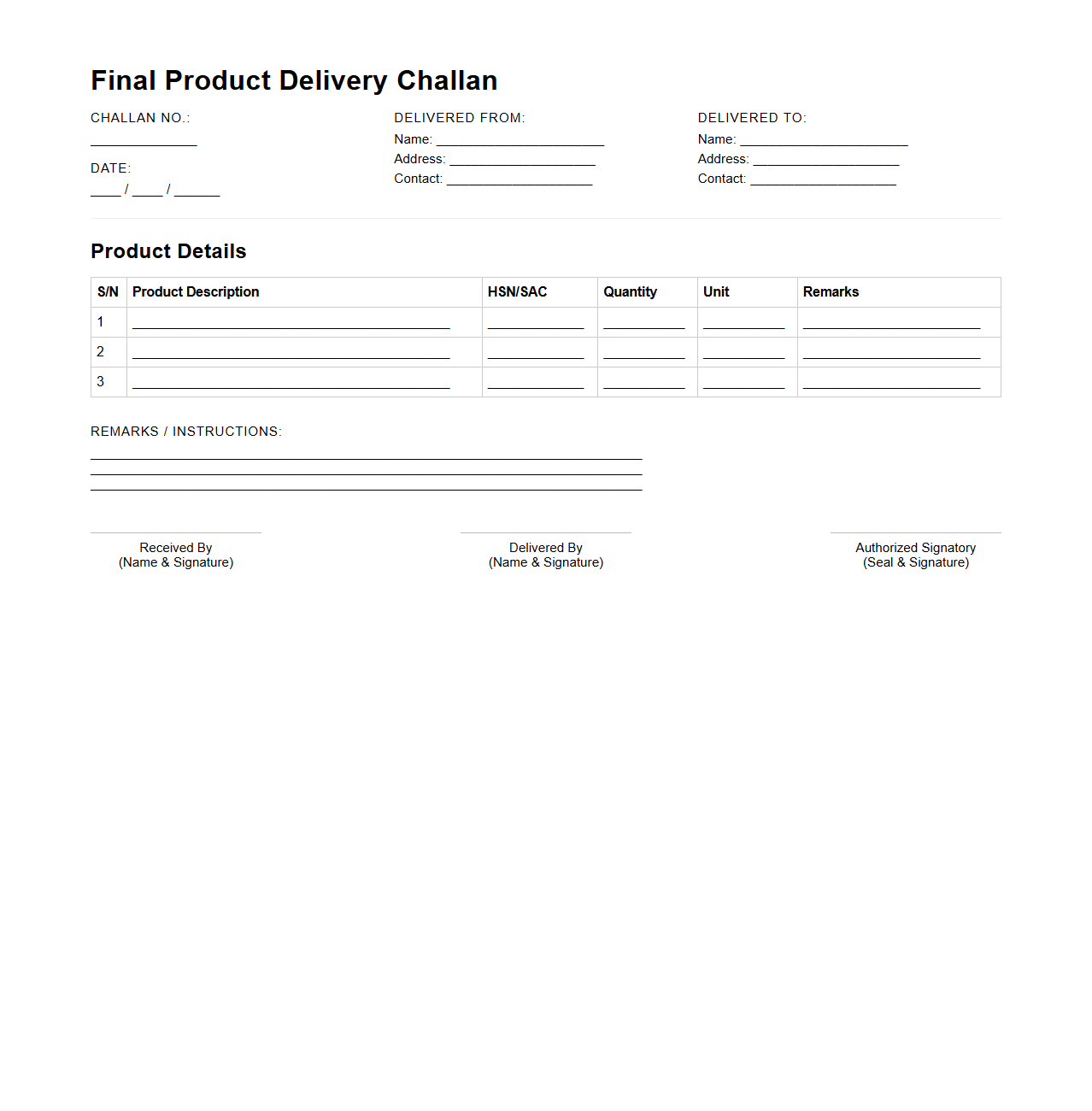 Final Product Delivery Challan Sample
