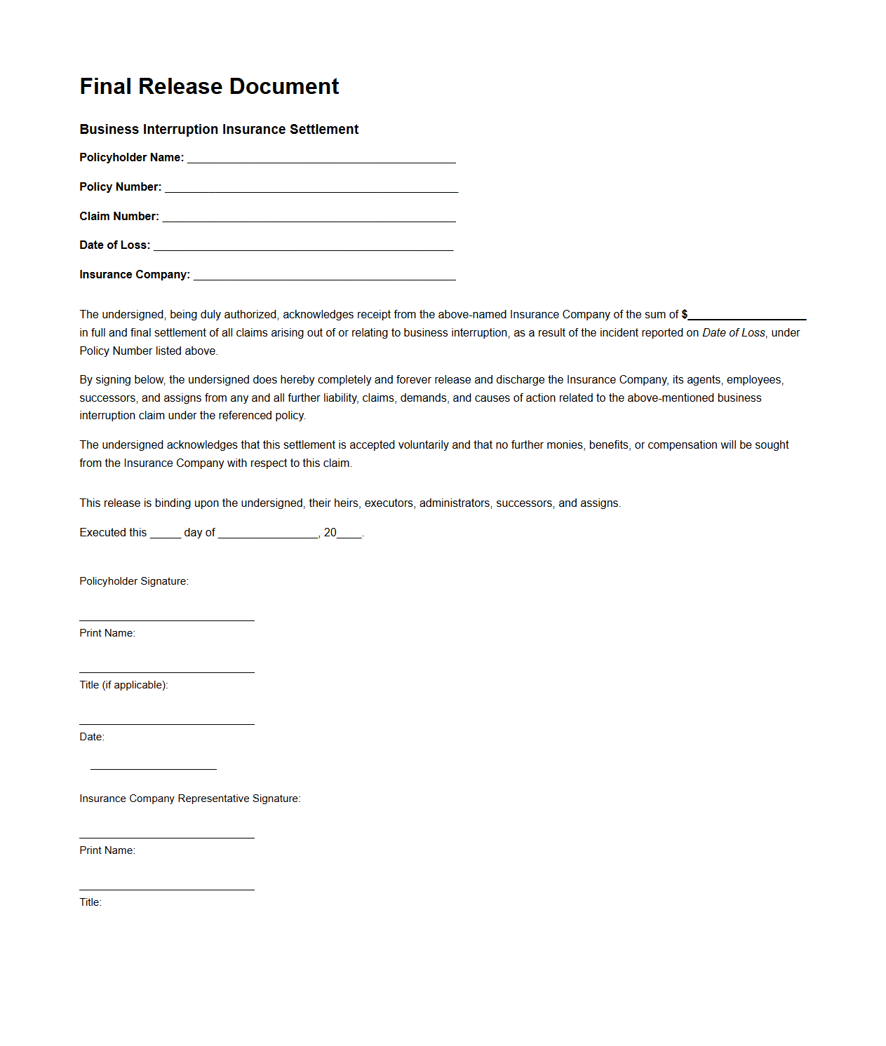 Final Release Document for Business Interruption Insurance Settlement